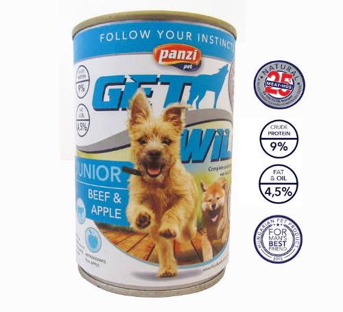 Panzi Get Wild Junior konzerv Kölyök kutyák részére 415g Marha-Alma