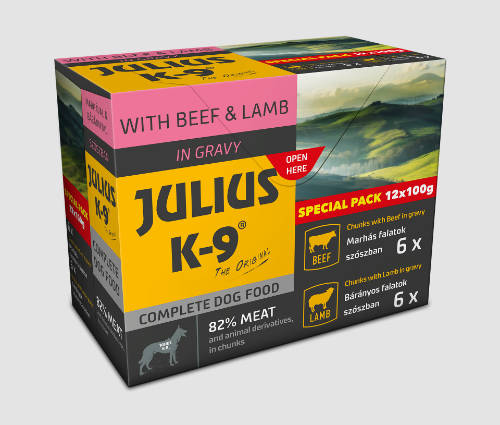 Julius - K9 Nassfutter (Rind, Lamm) Auswahl in Soße für Hunde (12x100g)