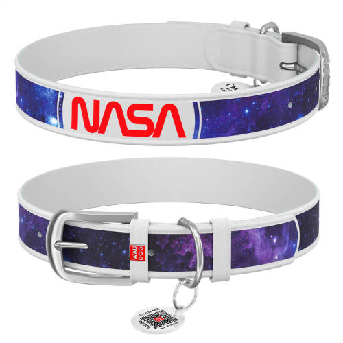 WAUDOG Halsband NASA21 - Lederhalsband (QR-Code, NASA21-Design, weiß) für Hunde IN MEHREREN GRÖSSEN