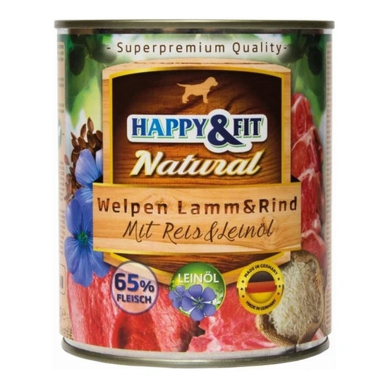 Happy&Fit JUNIOR Natural Dog konzerv bárány, marha, rizs és lenmagolaj 800g